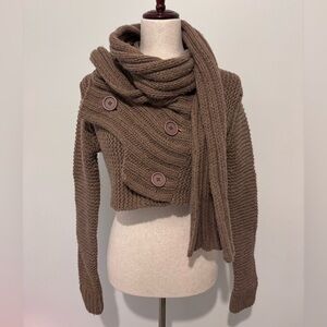 Karl Lagerfeld Small Brown Cropped Wool Sweater with built in Scarf